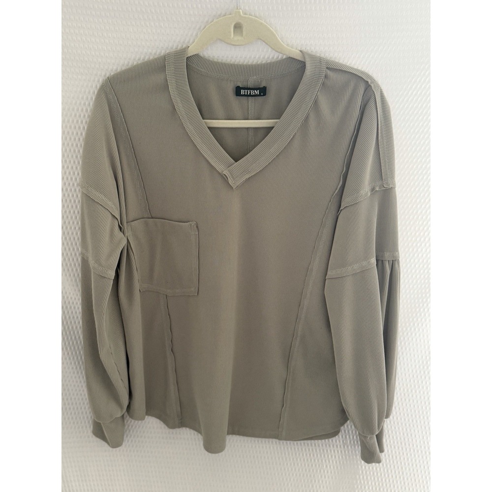 BTFBM Knit V-Neck Pullover Sweater Pocket Beige Long Sleeve S